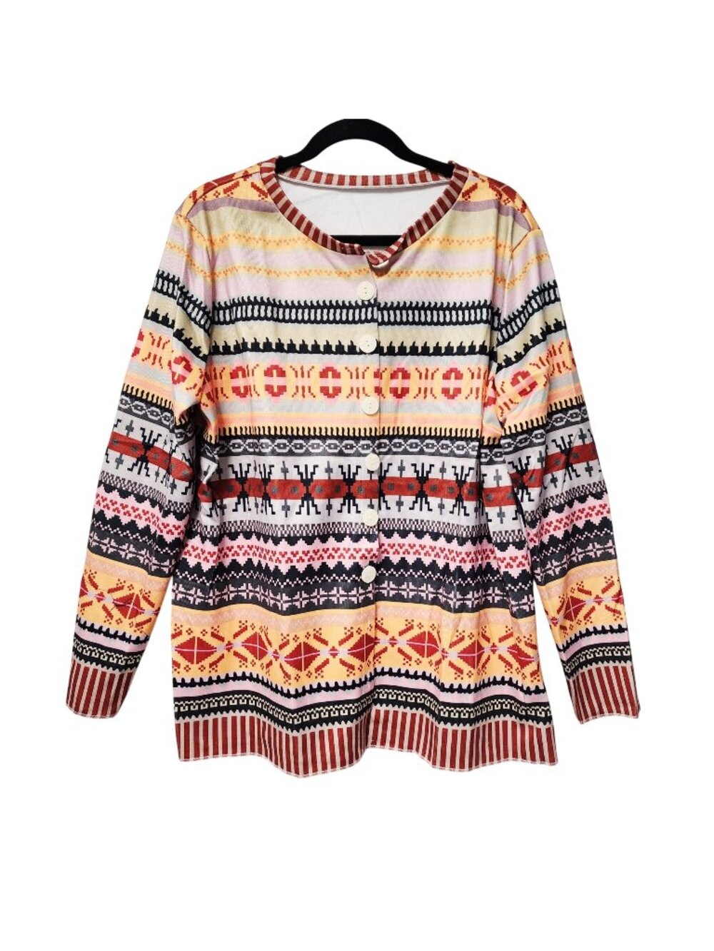 Colorful Womens Button-Up Cardigan Sweater Geometric Patterns & Stripes XXL